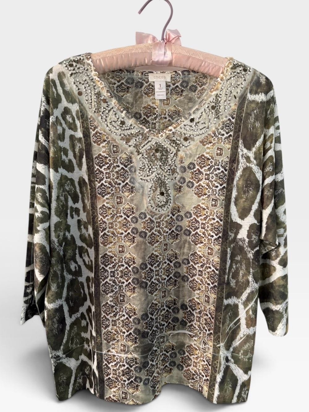 Chico’s Woman’s  Animal and Damask Print V-Neck Blouse.